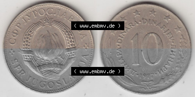Münzen Jugoslawien Umlaufmünze 1976-1981, 10 Dinar 1977, Bild mit Vollansicht als Bildmaterial Sammlung