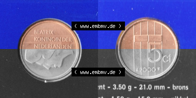 Münzen Niederlande Umlaufmünze 1982-2000, 5 Cent 2000, Bild mit Vollansicht Sammlung