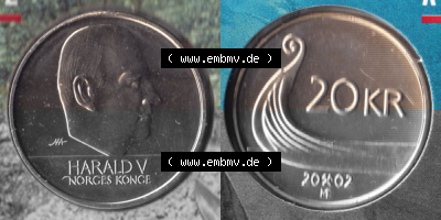 Münzen Norwegen Umlaufmünze 1994-2009, 20 KR, Kronen 2002, Münze aus Norwegen -.-.- Sammlung