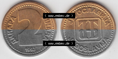 Münzen Jugoslawien Umlaufmünze 1992-1992, 2 Dinara, Anhapa, Dinar, Bild mit Vollansicht als Bildmaterial Sammlung