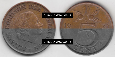 Münzen Niederlande Umlaufmünze 1950-1980, 5 Cent 1974, Bild mit horizontaler Vollansicht als Bildmaterial Sammlung