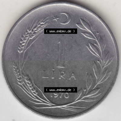Münzen Türkei Umlaufmünze 1967-1980, 1 Lira 1970. Rückseite der Münze der Türkei als Bildmaterial für Sammler und Münzen-Webseiten... Sammlung