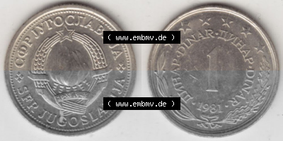 Münzen Jugoslawien Umlaufmünze 1973-1981, 1 Dinar 1981, Bild mit Vollansicht als Bildmaterial Sammlung