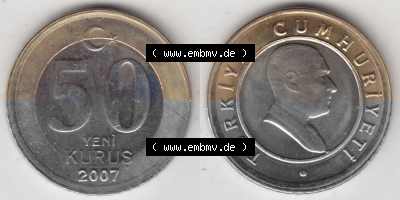 Münzen Türkei Umlaufmünze 2005-2008, 50 Yeni Neue Kurus 2007. Vorderseite und Rückseite der Münze der Türkei auf einen Digitalen... Sammlung