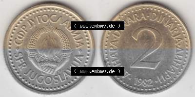 Münzen Jugoslawien Umlaufmünze 1982-1986, 2 Dinar 1982, Bild mit Vollansicht als Bildmaterial Sammlung