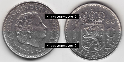 Münzen Niederlande Umlaufmünze 1967-1980, 1 Gulden 1980, Bild mit horizontaler Vollansicht als Bildmaterial Sammlung