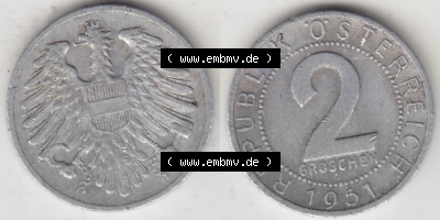 Münzen Österreich Umlaufmünze 1950-1994, 2 Groschen 1951, Münze aus Österreich -.-.- Sammlung