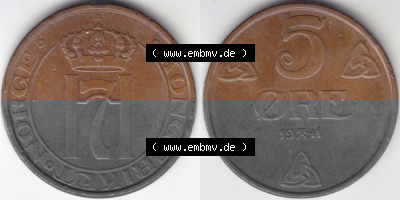 Münzen Norwegen Umlaufmünze 1908-1952, 5 Öre 1941, Münze aus Norwegen -.-.- Sammlung
