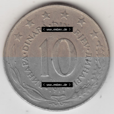 Münzen Jugoslawien Umlaufmünze 1976-1981, 10 Dinar 1977, Bild mit Rückseite der Münze als Bildmaterial Sammlung