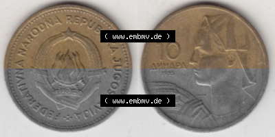 Münzen Jugoslawien Umlaufmünze 1955-1955, 10 Dinar 1955, Bild mit Vollansicht zum Download Sammlung