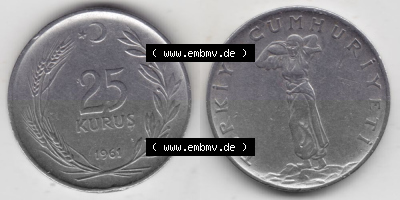 Münzen Türkei Umlaufmünze 1960-1966, 25 Kurus 1961. Vorderseite und Rückseite der Münze der Türkei auf einen Digitalen Bild,... Sammlung