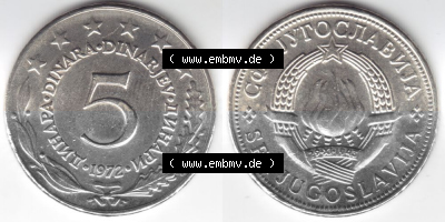 Münzen Jugoslawien Umlaufmünze 1971-1981, 5 Dinara, Dinarjev 1972, Bild mit Vollansicht als Bildmaterial Sammlung