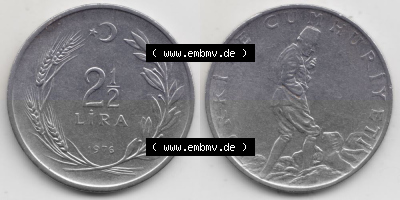 Münzen Türkei Umlaufmünze 1969-1980, 2,50 Lira - Lire 1976. Vorderseite und Rückseite der Münze der Türkei auf einen Digitalen... Sammlung