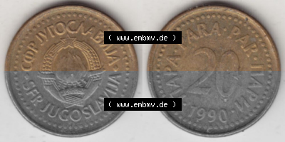 Münzen Jugoslawien Umlaufmünze 1990-1991, 20 Para 1990, Bild mit Vollansicht als Bildmaterial Sammlung