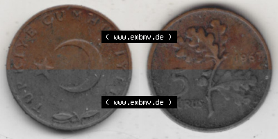 Münzen Türkei Umlaufmünze 1958-1968, 5 Kurus 1967, Bild mit Vollansicht als Bildmaterial Sammlung