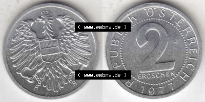 Münzen Österreich Umlaufmünze 1950-1994, 2 Groschen 1977, Münze aus Österreich -.-.- Sammlung
