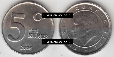 Münzen Türkei Umlaufmünze 2005-2008, 5 Yeni Neue Kurus 2006. Vorderseite und Rückseite der Münze der Türkei auf einen Digitalen... Sammlung