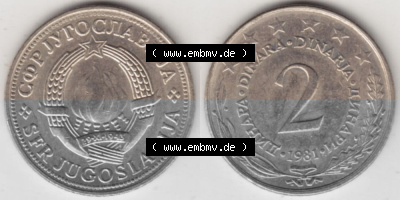 Münzen Jugoslawien Umlaufmünze 1971-1981, 2 Dinar 1981, Bild mit Vollansicht als Bildmaterial Sammlung