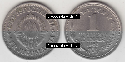 Münzen Jugoslawien Umlaufmünze 1968-1968, 1 Dinar 1968, Bild mit Vollansicht zum Download Sammlung