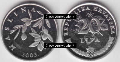 Münzen Kroatien Umlaufmünze 1993-2021, 20 Lipa 2003, Bild mit horizontaler Vollansicht als Bildmaterial Sammlung