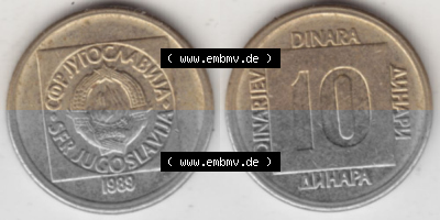 Münzen Jugoslawien Umlaufmünze 1988-1989, 10 Dinar 1989, Bild mit Vollansicht als Bildmaterial Sammlung