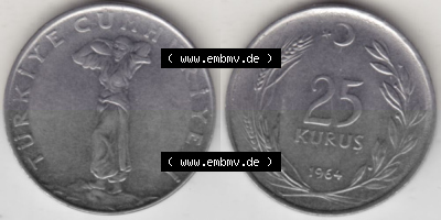 Münzen Türkei Umlaufmünze 1960-1966, 25 Kurus 1964, Bild mit Vollansicht als Bildmaterial Sammlung