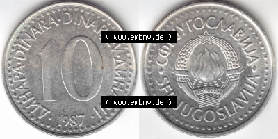 Münzen Jugoslawien Umlaufmünze 1982-1988, 10 Dinara, Dinarjev 1987, Bild mit Vollansicht als Bildmaterial Sammlung