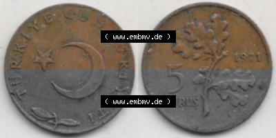 Münzen Türkei Umlaufmünze 1969-1973, 5 Kurus 1971, Bild mit Vollansicht als Bildmaterial Sammlung