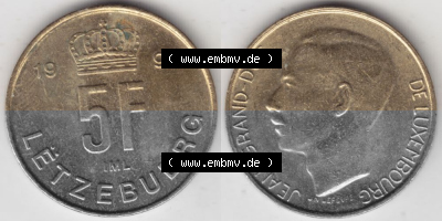 Münzen Luxemburg Umlaufmünze 1989-1995, 5 Franken - Francs 1990, Bild mit Vollansicht Sammlung