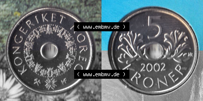 Münzen Norwegen Umlaufmünze 1998-2017, 5 Kroner, Kronen 2002, Münze aus Norwegen -.-.- Sammlung