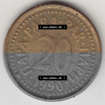 Münzen Jugoslawien Umlaufmünze 1990-1991, 20 Para 1990, Bild mit Rückseite der Münze als Bildmaterial Sammlung