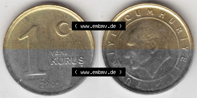 Münzen Türkei Umlaufmünze 2005-2008, 1 Yeni Neuer Kurus 2006. Vorderseite und Rückseite der Münze der Türkei auf einen Digitalen... Sammlung