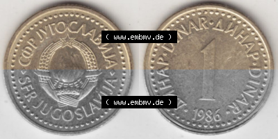 Münzen Jugoslawien Umlaufmünze 1982-1986, 1 Dinar 1986, Bild mit Vollansicht als Bildmaterial Sammlung