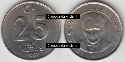 Münzen Türkei Umlaufmünze 2005-2008, 25 Yeni Neue Kurus 2007. Vorderseite und Rückseite der Münze der Türkei auf einen Digitalen... Sammlung