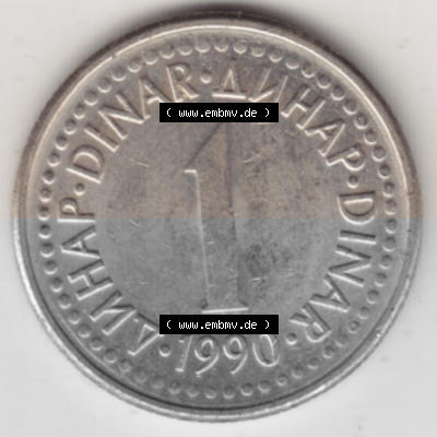 Münzen Jugoslawien Umlaufmünze 1990-1991, 1 Dinar 1990, Bild mit Rückseite der Münze als Bildmaterial Sammlung