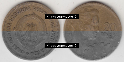 Münzen Jugoslawien Umlaufmünze 1955-1955, 20 Dinar, 1955, Bild mit Vollansicht zum Download Sammlung