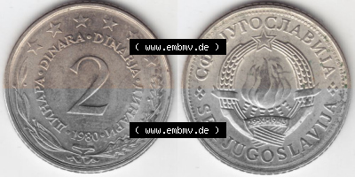 Münzen Jugoslawien Umlaufmünze 1971-1981, 2 Dinara, Dinarja 1980, Bild mit Vollansicht als Bildmaterial Sammlung