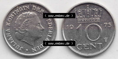 Münzen Niederlande Umlaufmünze 1950-1980, 10 Cent 1973, Bild mit horizontaler Vollansicht als Bildmaterial Sammlung