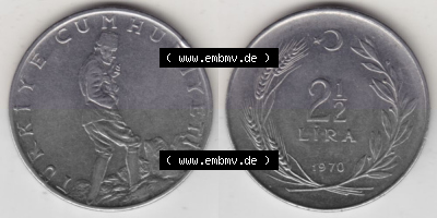 Münzen Türkei Umlaufmünze 1969-1980, 2-1-2 Lira 1970, Bild mit Vollansicht als Bildmaterial Sammlung