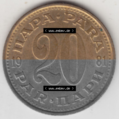 Münzen Jugoslawien Umlaufmünze 1965-1981, 20 Para 1981, Bild mit Rückseite der Münze zum Download Sammlung