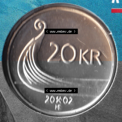 Münzen Norwegen Umlaufmünze 1994-2009, 20 KR, Kronen 2002, Bild mit Rückseite der norwegischen Münze als Bildmaterial, des... Sammlung