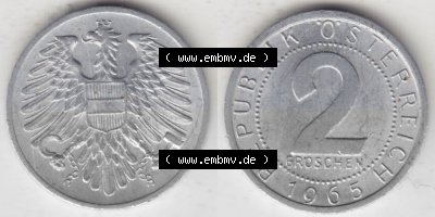 Münzen Österreich Umlaufmünze 1950-1994, 2 Groschen 1965, Münze aus Österreich -.-.- Sammlung