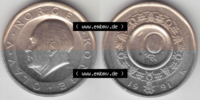 Münzen Norwegen Umlaufmünze 1983-1991, 10 Kronen 1991, Münze aus Norwegen -.-.- Sammlung