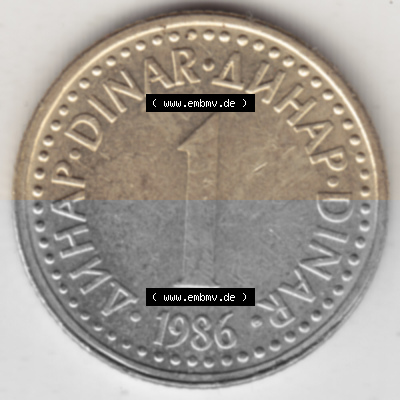 Münzen Jugoslawien Umlaufmünze 1982-1986, 1 Dinar 1986, Bild mit Rückseite der Münze als Bildmaterial Sammlung