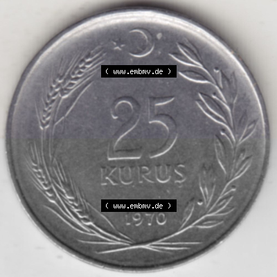 Münzen Türkei Umlaufmünze 1967-1978, 25 Kurus 1970. Rückseite der Münze der Türkei als Bildmaterial für Sammler und Münzen-Webseiten... Sammlung