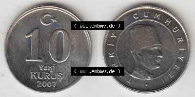 Münzen Türkei Umlaufmünze 2005-2008, 10 Yeni Neue Kurus 2007. Vorderseite und Rückseite der Münze der Türkei auf einen Digitalen... Sammlung