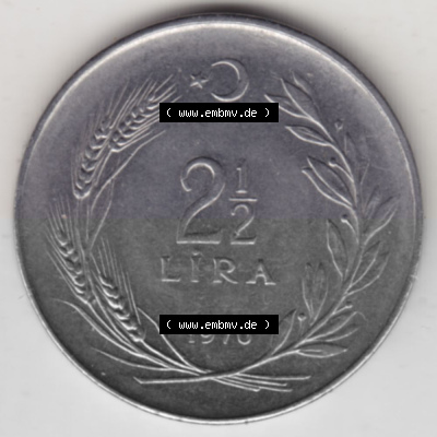Münzen Türkei Umlaufmünze 1969-1980, 2-1-2 Lira 1970. Rückseite der Münze der Türkei als Bildmaterial für Sammler und Münzen-Webseiten... Sammlung