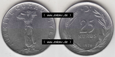 Münzen Türkei Umlaufmünze 1967-1978, 25 Kurus 1970, Bild mit Vollansicht als Bildmaterial Sammlung