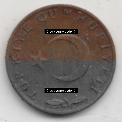 Münzen Türkei Umlaufmünze 1958-1968, 5 Kurus 1967. Vorderseite der Münze der Türkei als Bildmaterial für Sammler und Münzen-Webseiten... Sammlung