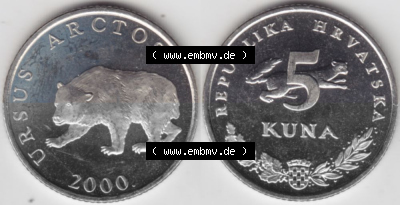 Münzen Kroatien Umlaufmünze 1994-2022, 5 Kuna 2000, Bild mit horizontaler Vollansicht als Bildmaterial Sammlung